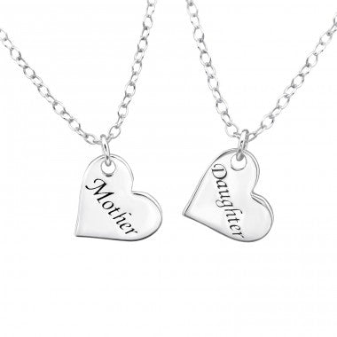 Mother/Daughter Necklace Sets:  Sterling Silver Minimalist Heart Necklaces Stamped "Mother" and "Daughter"