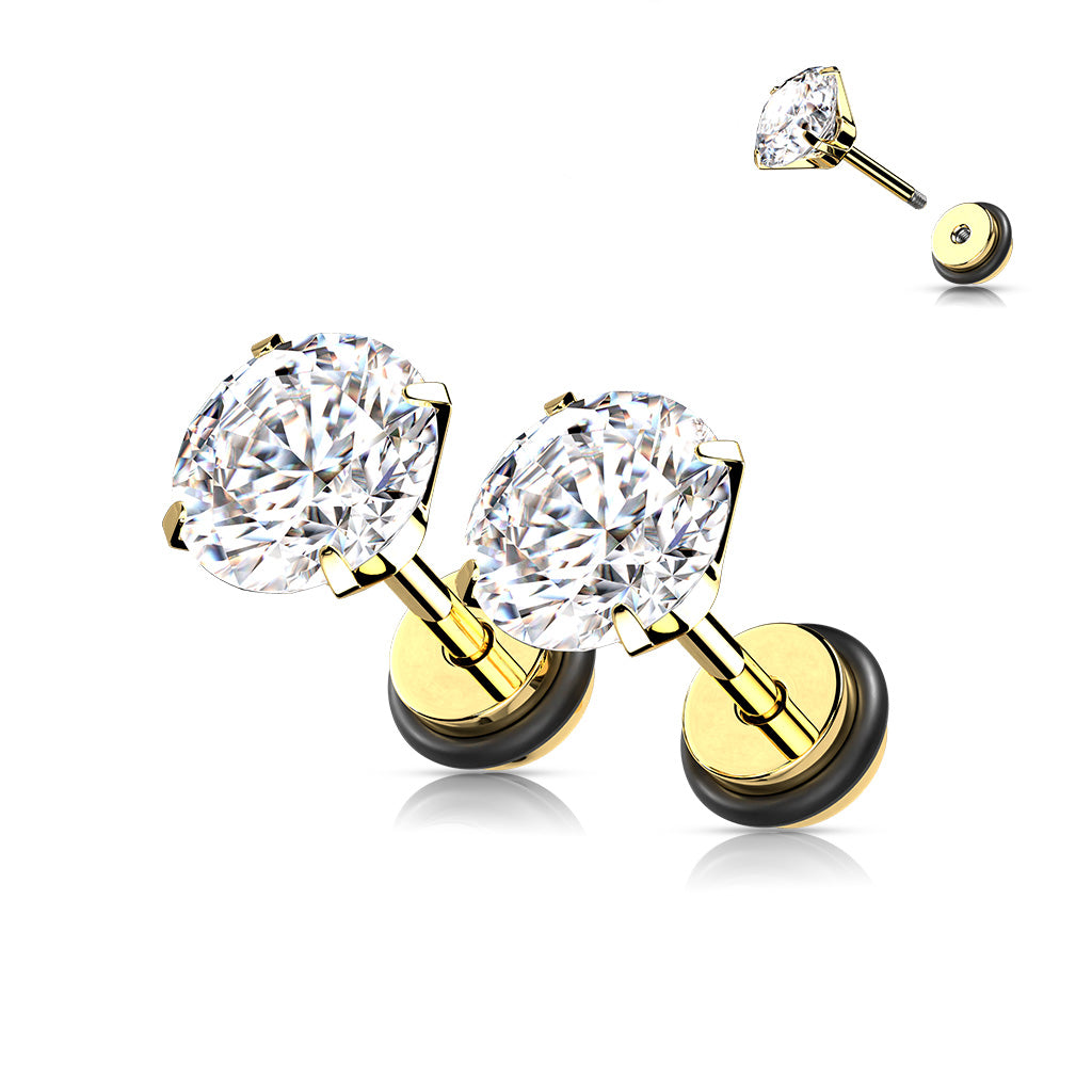 A pair of children's earrings featuring surgical steel posts with yellow gold ionic plating and AAA clear 4mm cubic zirconia with easy grip screw backs.