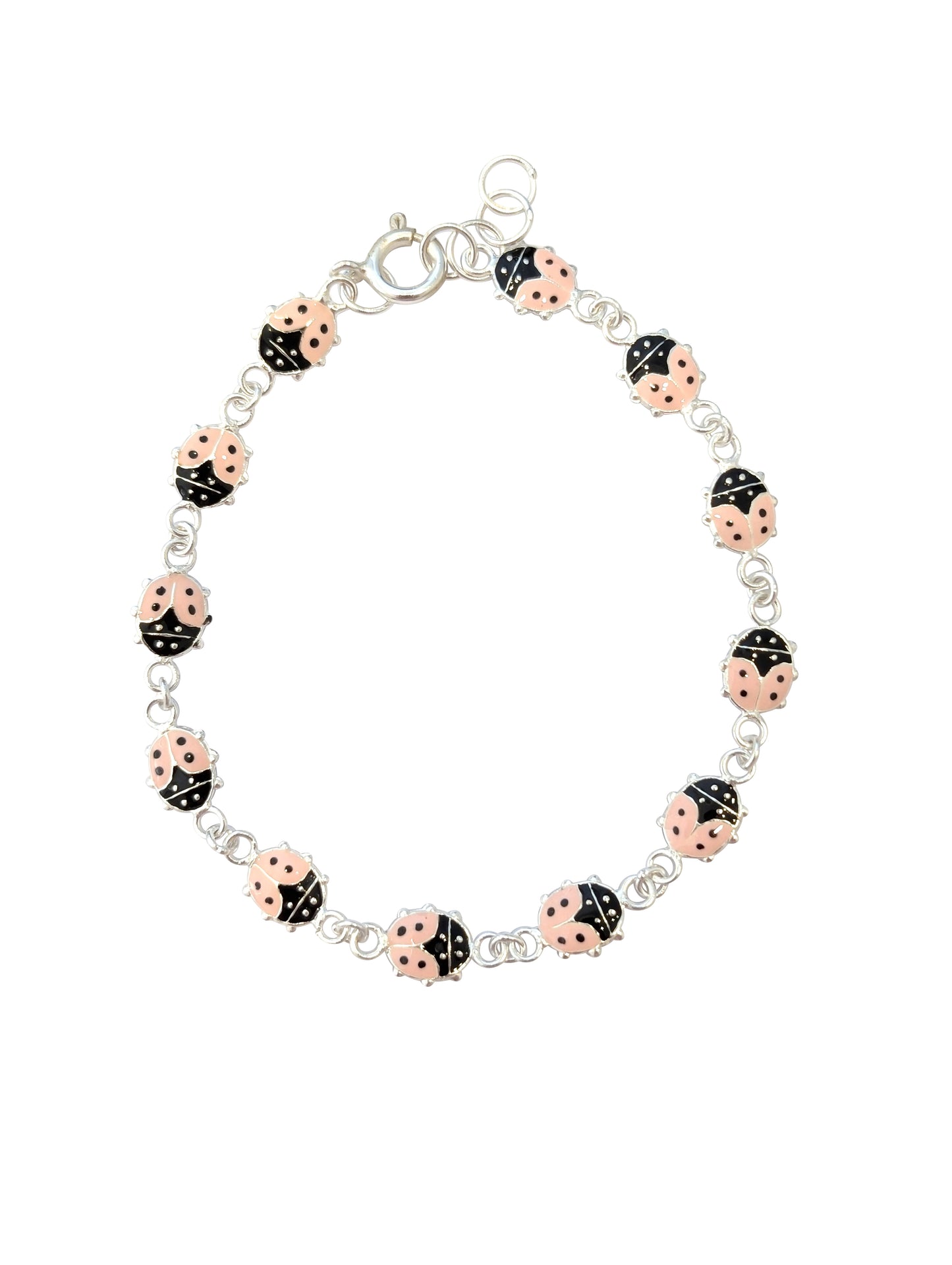 Children's Bracelets: Sterling Silver Pink Ladybug Bracelet 15cm, 1.5cm Extension with Gift Box