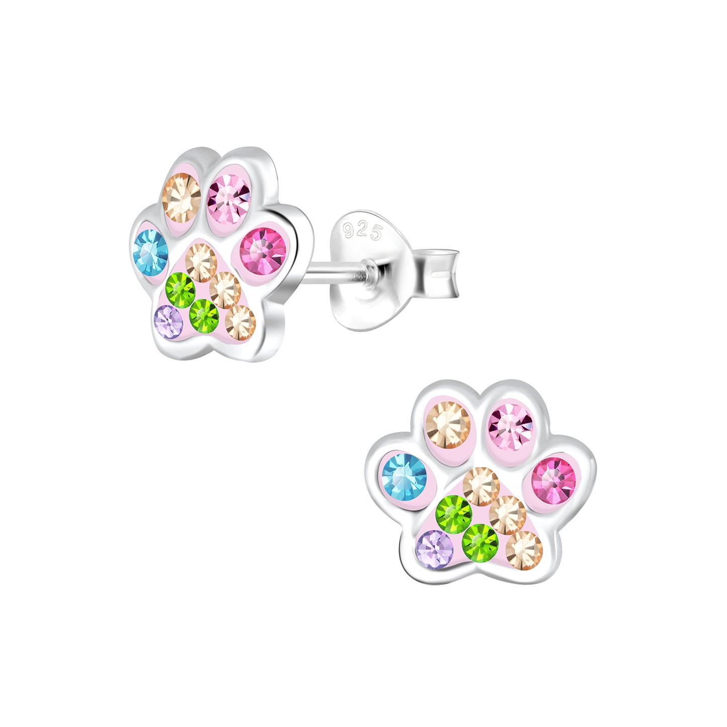 Paw print earrings made of 925 sterling silver with rainbow CZ stones suitable for everyday and special occasions.