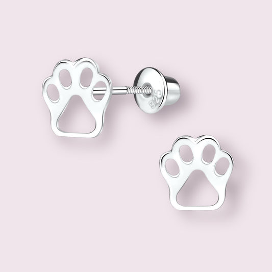 Paw print earrings crafted from sterling silver featuring cute 6x7mm paw print stud design with screw backs.