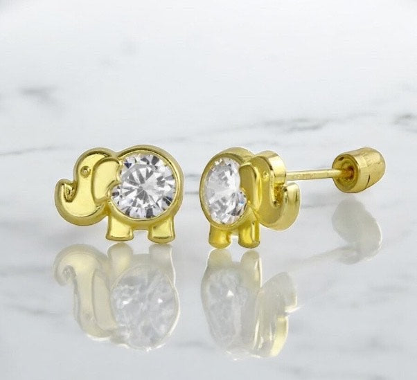 Children's Earrings: 14k Solid Gold Elephant Earrings with CZ, Screw Backs and Gift Box
