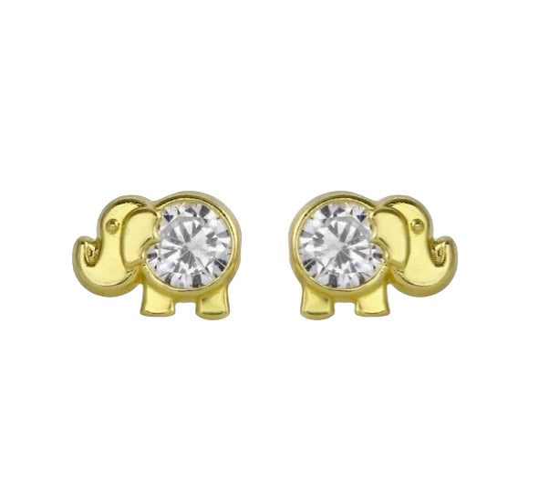 Children's Earrings: 14k Solid Gold Elephant Earrings with CZ, Screw Backs and Gift Box