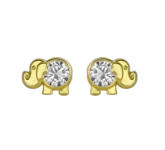 Children's Earrings:  14k Solid Gold Elephant Earrings with CZ, Screw Backs and Gift Box