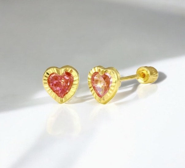 Children's, Teens' and Mothers' Earrings: 14k Solid Gold, Pink CZ Hearts with Screw Backs and Gift Box