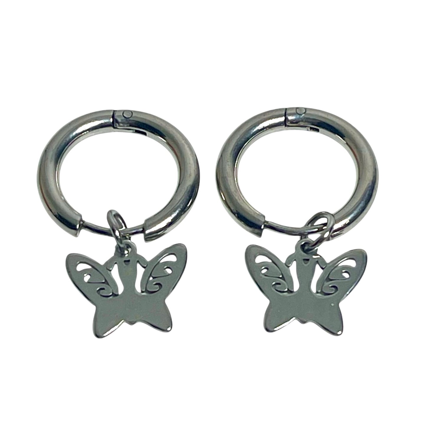 Children's, Teens' and Mothers' Earrings: Hypoallergenic Steel Hoops with Butterfly Dangles and Gift Box