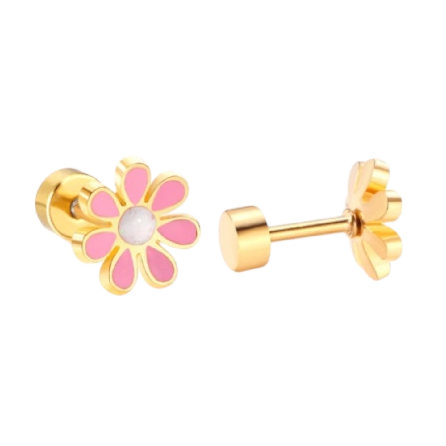 Children's Earrings: Surgical Steel with Gold IP Pink/White Flowers with Screw Backs with Gift Box
