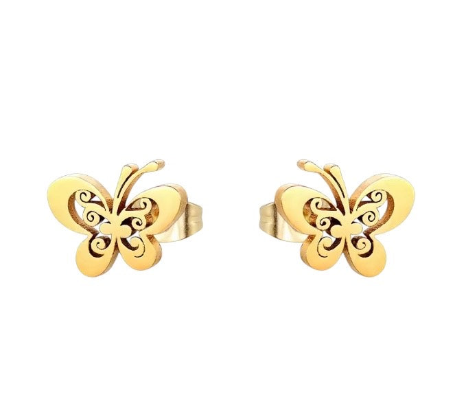 Children's and Teens' Earrings: Surgical Steel, Gold IP Butterflies Age 7 - Adult