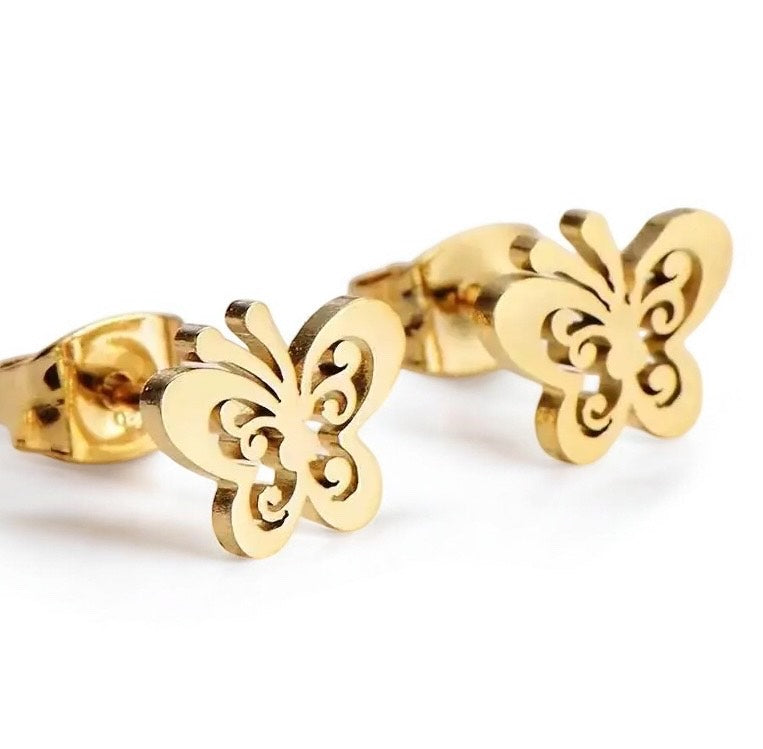 Children's and Teens' Earrings: Surgical Steel, Gold IP Butterflies Age 7 - Adult