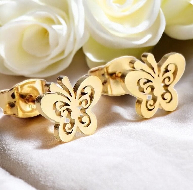 Children's and Teens' Earrings: Surgical Steel, Gold IP Butterflies Age 7 - Adult