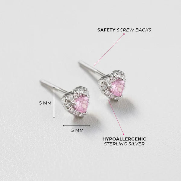 Pink gemstone earrings with safety screw backs and hypoallergenic sterling silver on a light gray background.