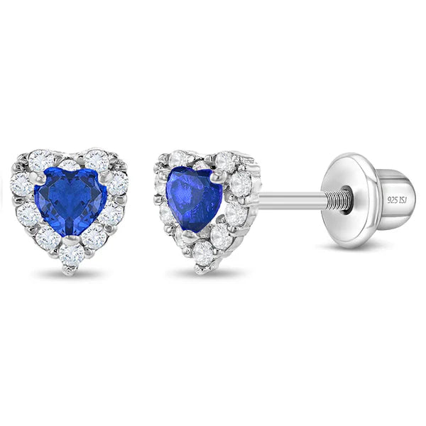 Close-up of sapphire blue heart toddler earrings with screw back