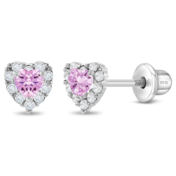 Soft pink cubic zirconia heart earrings with safety screw backs