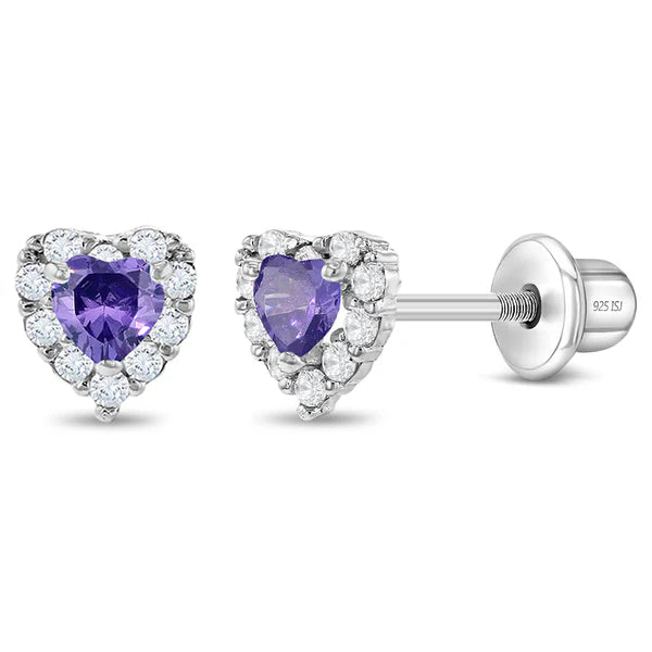 Sterling silver heart earrings for little girls – amethyst purple variant