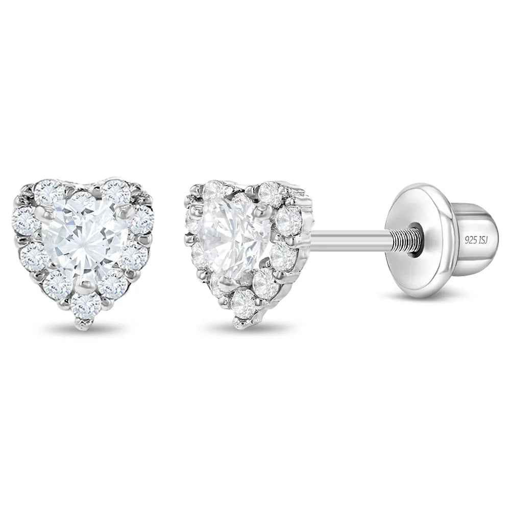 Classic clear cubic zirconia heart earrings on white background