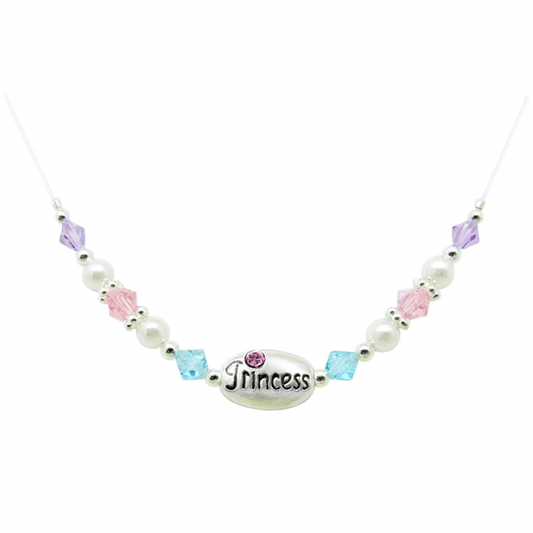 Necklace with 'Princess' pendant and colorful beads on a white background