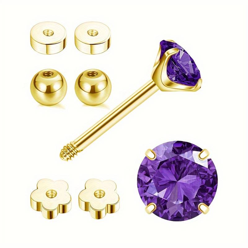 Purple CZ stud earrings components including gold screw backs and stunning 4mm amethyst cubic zirconia.