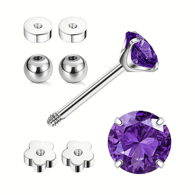 Purple CZ stud earrings components including 4mm amethyst stone and surgical steel backs for secure wear.