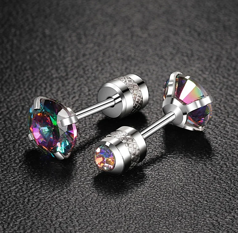 Rainbow CZ stud earrings made from surgical steel with colorful cubic zirconia and secure screw backs.