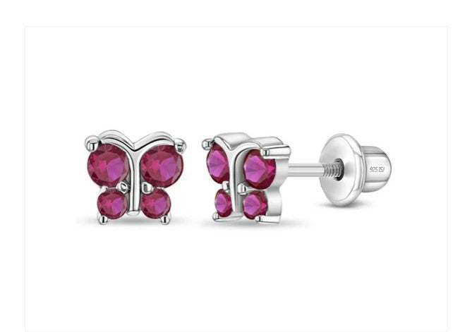 A pair of sterling silver butterfly earrings with red cubic zirconia stones, designed for babies and children, with screw back closures.