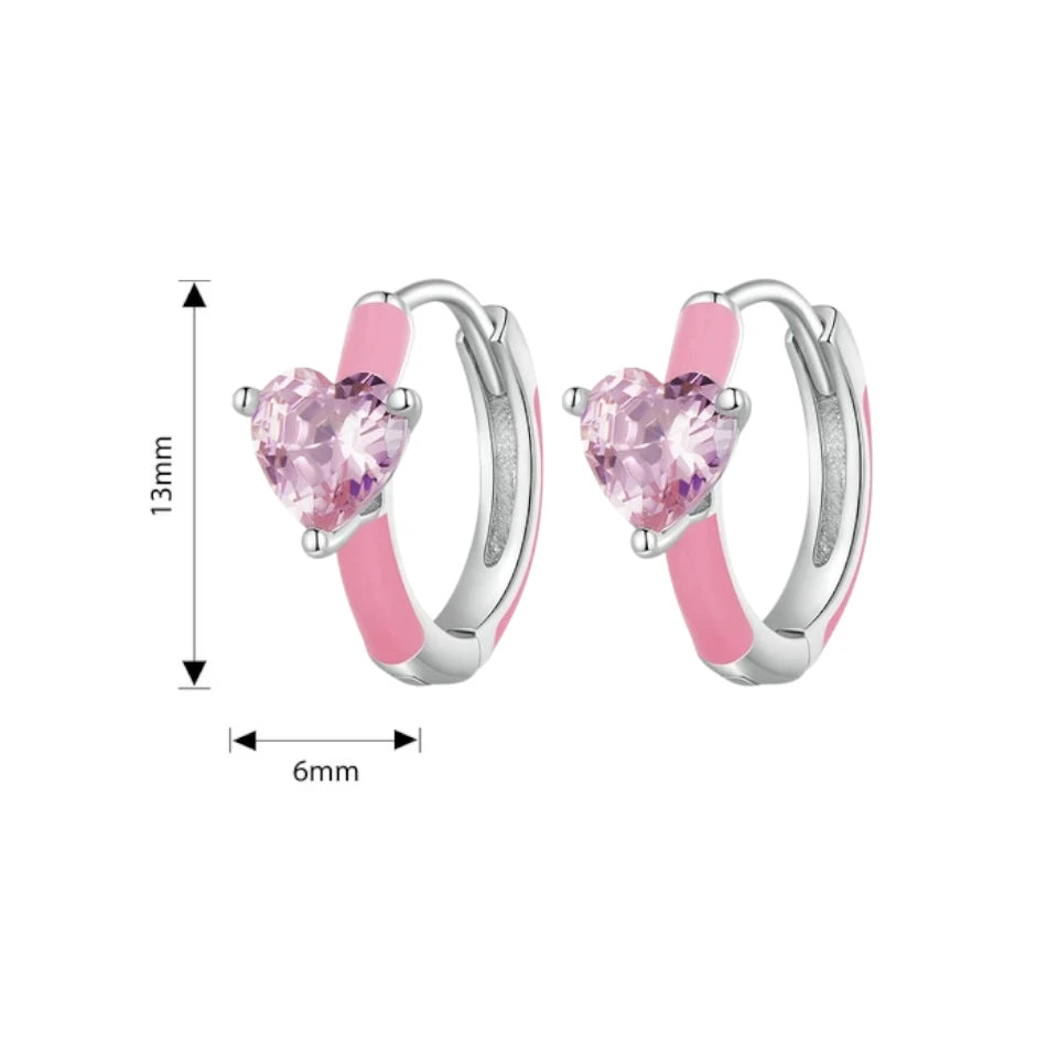 Heart hoop earrings featuring pink enamel and AAAAA cubic zirconia hearts, crafted from 925 sterling silver.