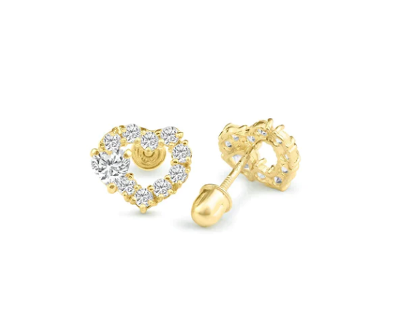 Children's Earrings: 14k Gold AAA CZ Heart on Heart Earrings with Screw Backs and Gift Box