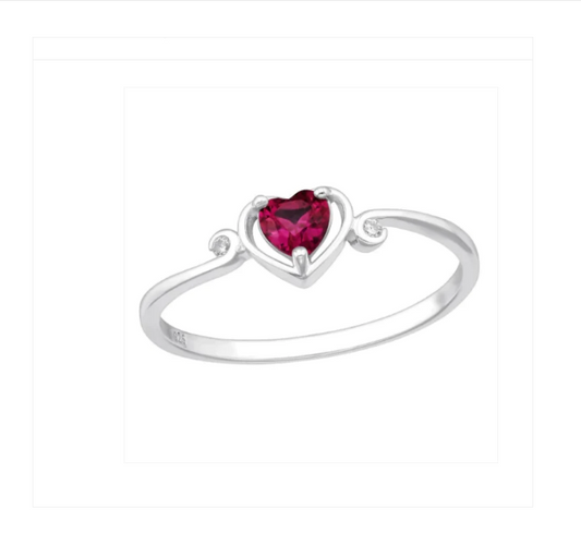 Children's Rings:  Sterling Silver, Genuine Ruby Heart Rings Size 6 with Gift Box