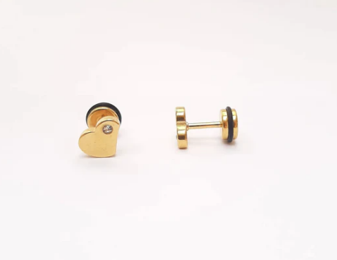 Children's Earrings:  Stainless Steel, Gold IP, Heart Earring with Single Crystal, with Easy Grip Screw Backs