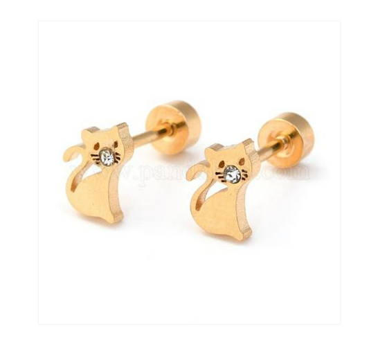 Baby and Children's Earrings:  Stainless Steel, Gold IP, Cat Earrings with Single Crystal, with Screw Backs