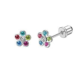 Baby and Children's Earrings: Hypoallergenic Steel, Flowers with Colourful CZ, with Screw Backs