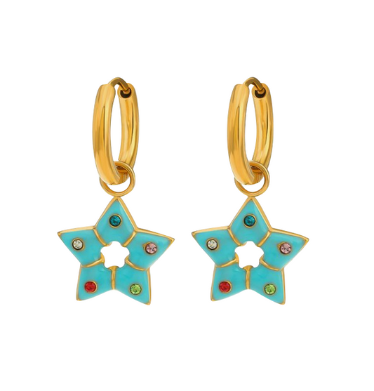 Children's and Teens' Earrings: Surgical Steel with Gold IP, Star Dangle in Bubblegum Colours (Green)