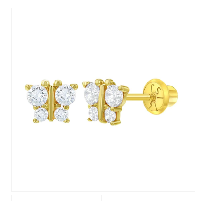 Baby and Children's Earrings:  14k Gold AAA Clear CZ Butterflies with Screw Backs with Gift Box