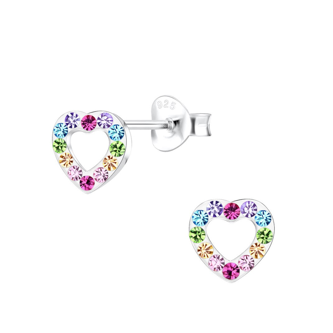 Baby and Children's Earrings: Sterling Silver Blue, Rainbow Crystal Open Hearts