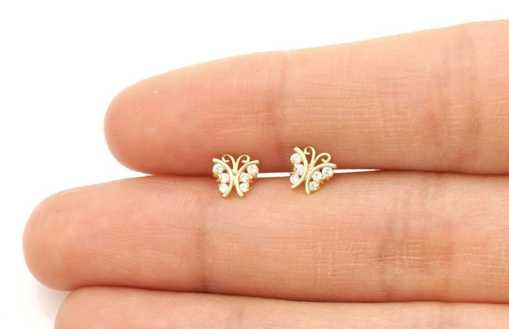 Baby and Children's Earrings:  14k Gold AAA CZ Butterfly Screw Back Earrings with Gift Box