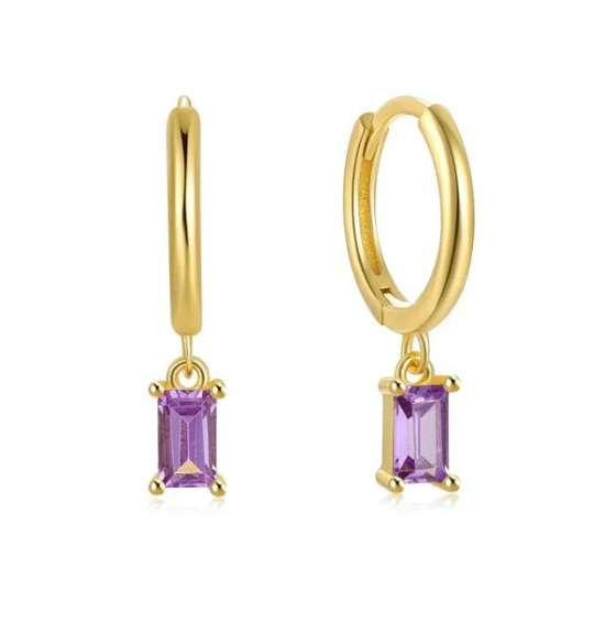 Children's, Teens' and Mothers' Earrings:  14k Gold over Sterling Silver 12mm Hoops with Dark Lavender Baguette Charms