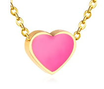 Children's Necklaces: Steel with Gold IP Enamelled Pink Heart Necklaces - 42cm