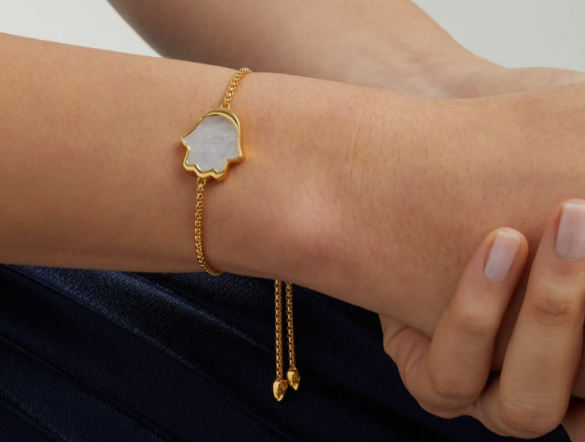 Children's, Teens' and Mothers' Bracelets: Steel with Gold IP, Bolo (Adjustable) Bracelet with Mother of Pearl Hamsa, with Gift Box