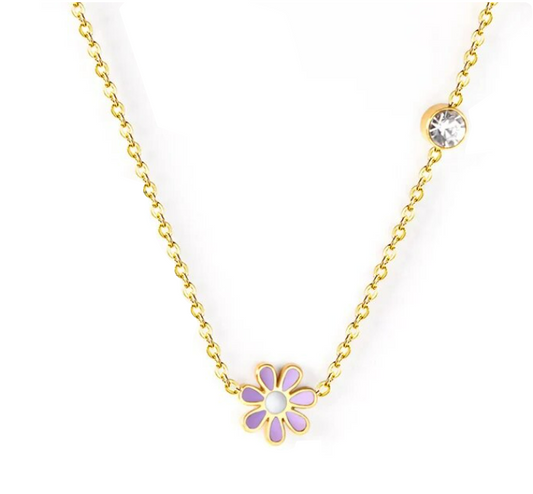 Children's, Teens' and Mothers' Necklaces:  Surgical Steel, Gold IP, Lavender flower Necklace with Clear CZ charm