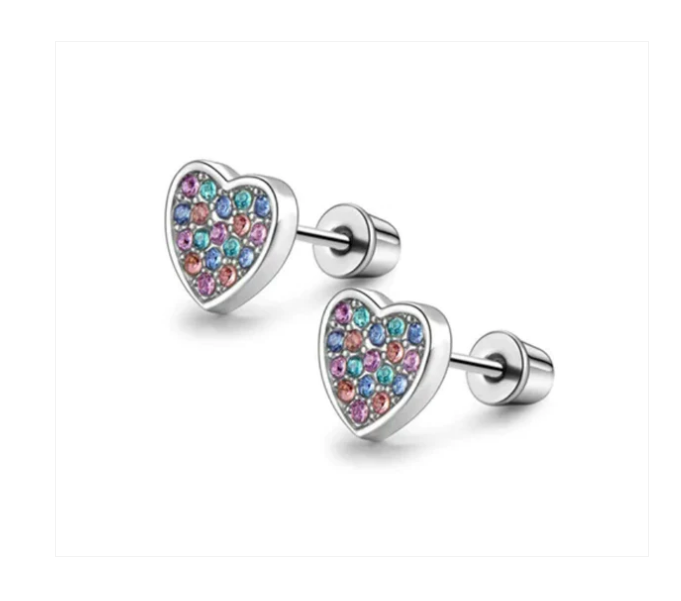 Children's and Teens Earrings: Hypoallergenic Steel Hearts with Pink and Blue CZ and Screw Backs