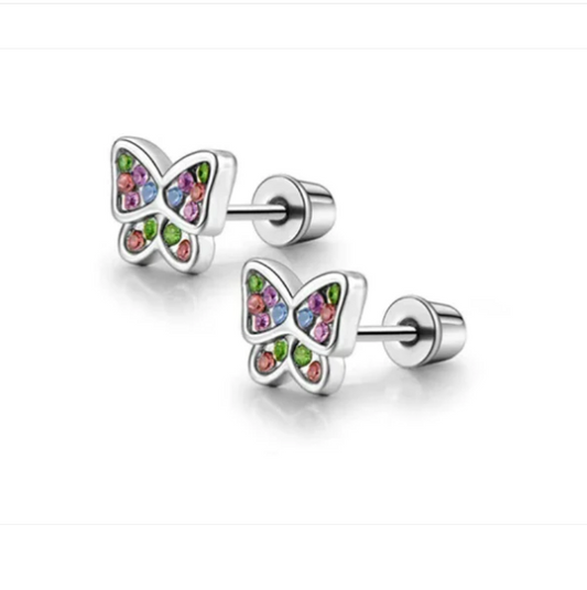 Children's and Teens Earrings:  Hypoallergenic Steel Butterflies with Pink and Green CZ and Screw Backs