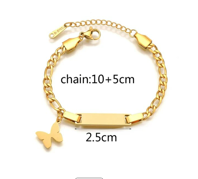 Baby and Children's Bracelets: Steel with Gold IP Engravable Bracelets with Butterfly Age 3 Months to 5 Years