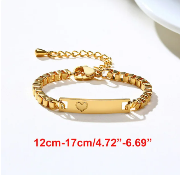 Baby and Children's Bracelets:  Steel with Gold IP Engravable Chunky Bracelets with Heart Age 3 Months to 5 Years