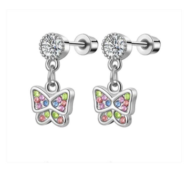 Children's Earrings: Surgical Steel, Clear CZ Stud with Pink, Green and Blue CZ Butterfly Dangles