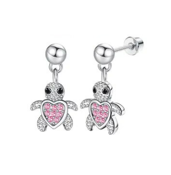 Children's, Teens' and Mothers' Earrings: Hypoallergenic Surgical Steel Pink CZ Turtles with Screw Backs