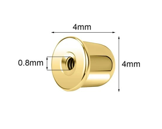 Screw back spares dimensions 4mm width, 0.8mm hole for secure children's earrings with gold IP finish.