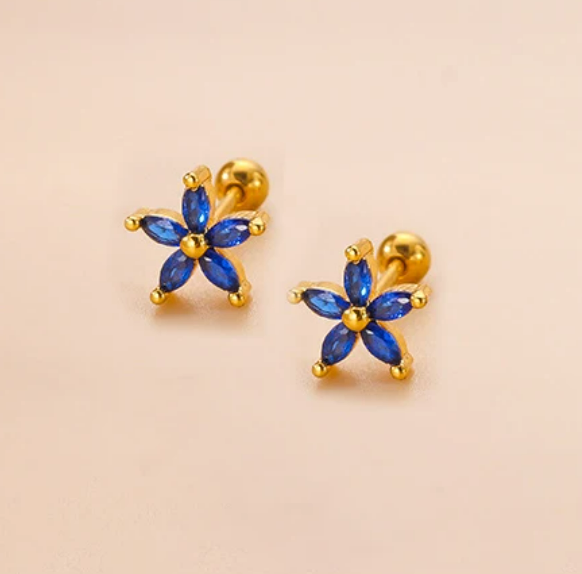 Children's Earrings: Surgical Steel, Gold IP, with Vibrant Blue AAA CZ Flowers Reversible Screw Backs