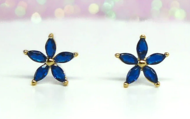 Children's Earrings: Surgical Steel, Gold IP, with Vibrant Blue AAA CZ Flowers Reversible Screw Backs