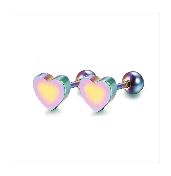 Rainbow anodised heart earrings for children and teens – hypoallergenic surgical steel