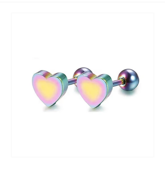 Rainbow anodised heart earrings for children and teens – hypoallergenic surgical steel