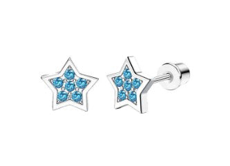 Children's and Teens' Earrings: Hypoallergenic Surgical Steel Blue CZ Stars with Screw Backs